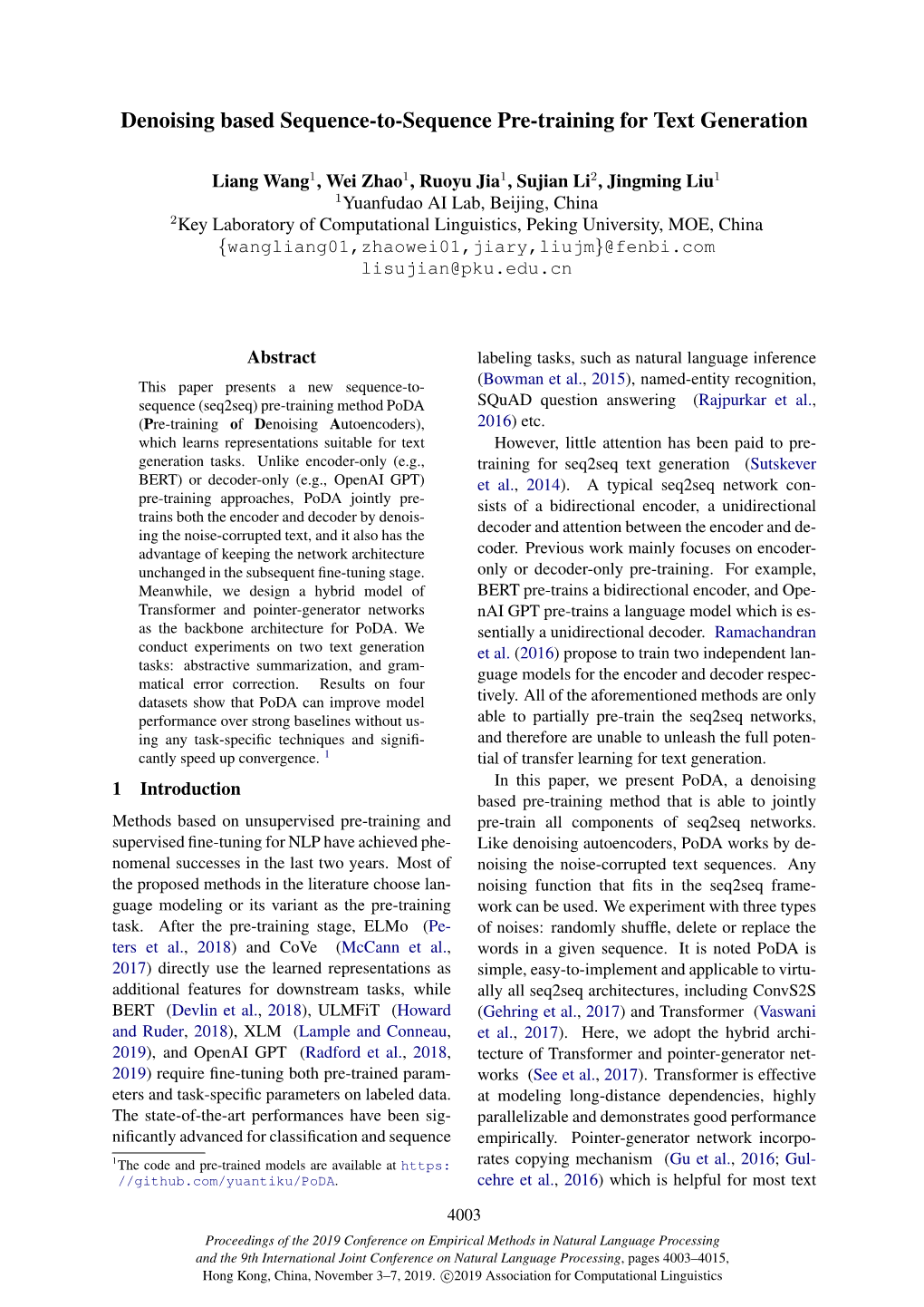 Denoising Based Sequence-To-Sequence Pre-Training for Text Generation