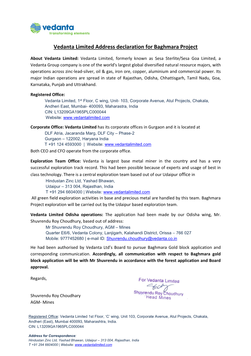 Vedanta Limited Address Declaration for Baghmara Project