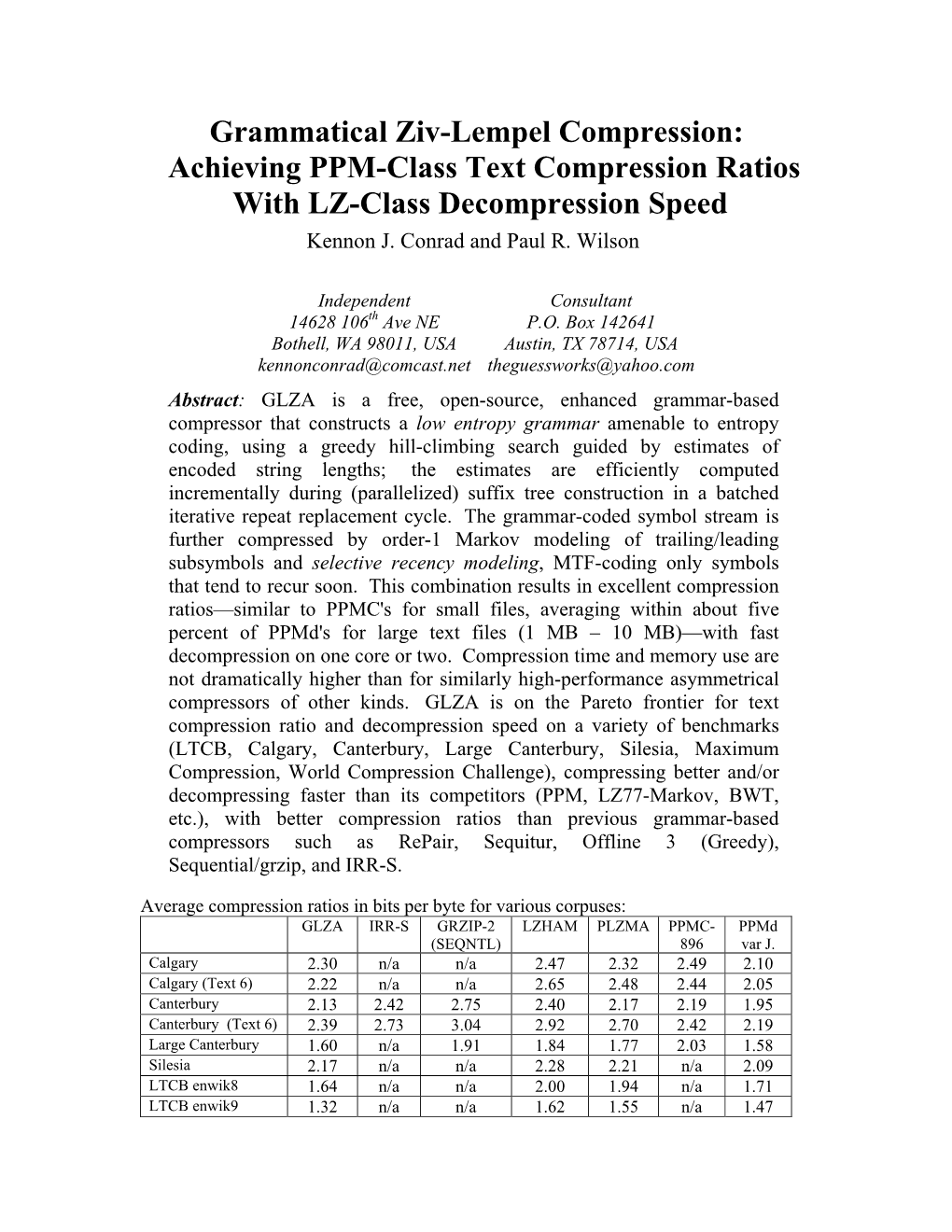 Grammatical Ziv-Lempel Compression: Achieving PPM-Class Text Compression Ratios with LZ-Class Decompression Speed Kennon J