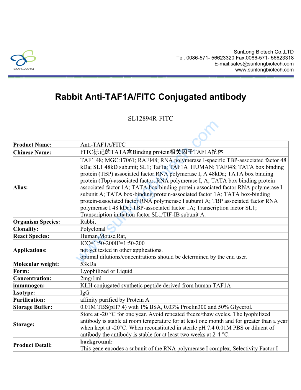 Rabbit Anti-TAF1A/FITC Conjugated Antibody