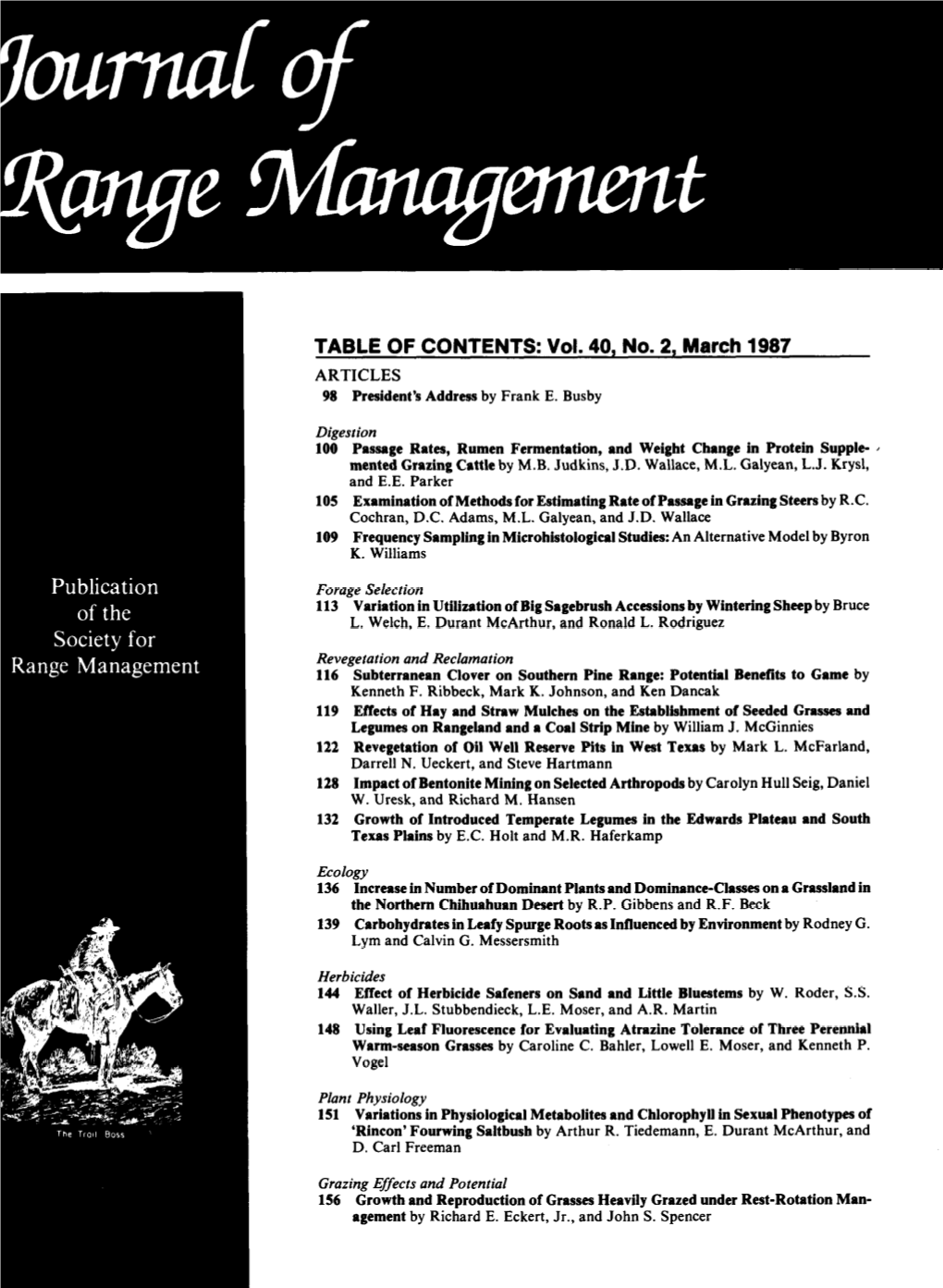 TABLE of CONTENTS: Vol. 40, No. 2, March 1987 ARTICLES 98 Hesident’S Address by Frank E