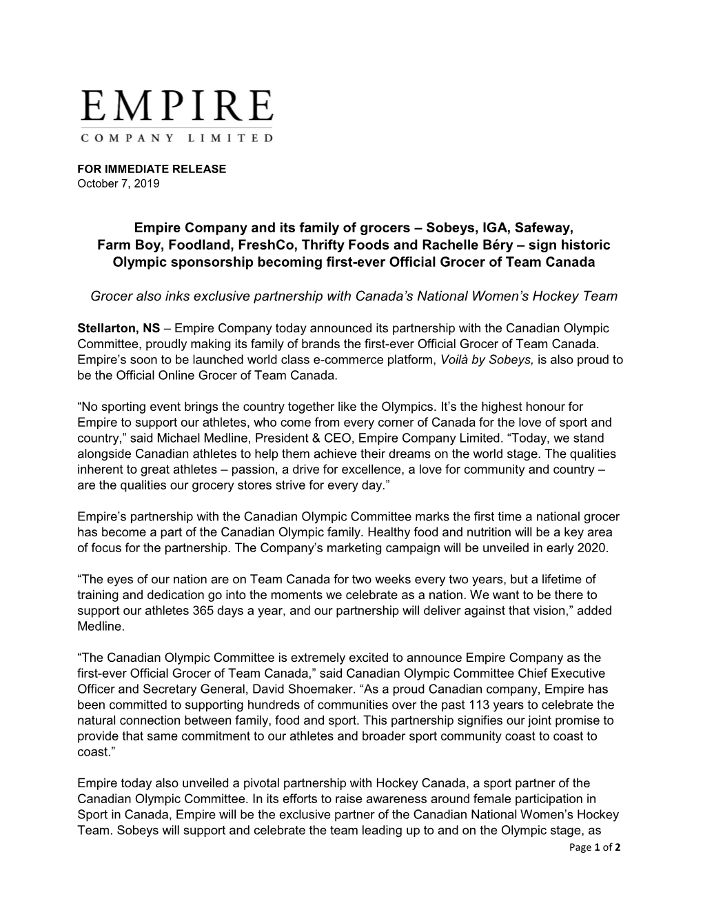 Empire Company and Its Family of Grocers – Sobeys, IGA, Safeway, Farm Boy, Foodland, Freshco, Thrifty Foods and Rachelle