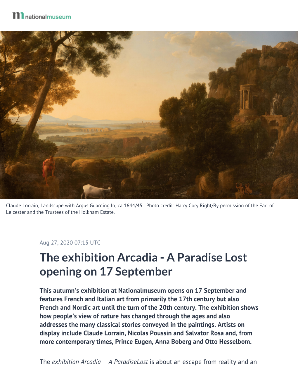 The Exhibition Arcadia - a Paradise Lost Opening on 17 September