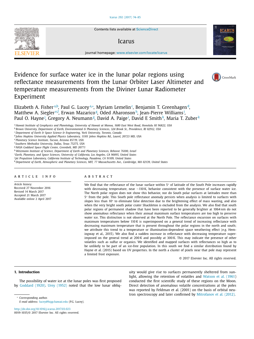 Evidence for Surface Water Ice in the Lunar Polar