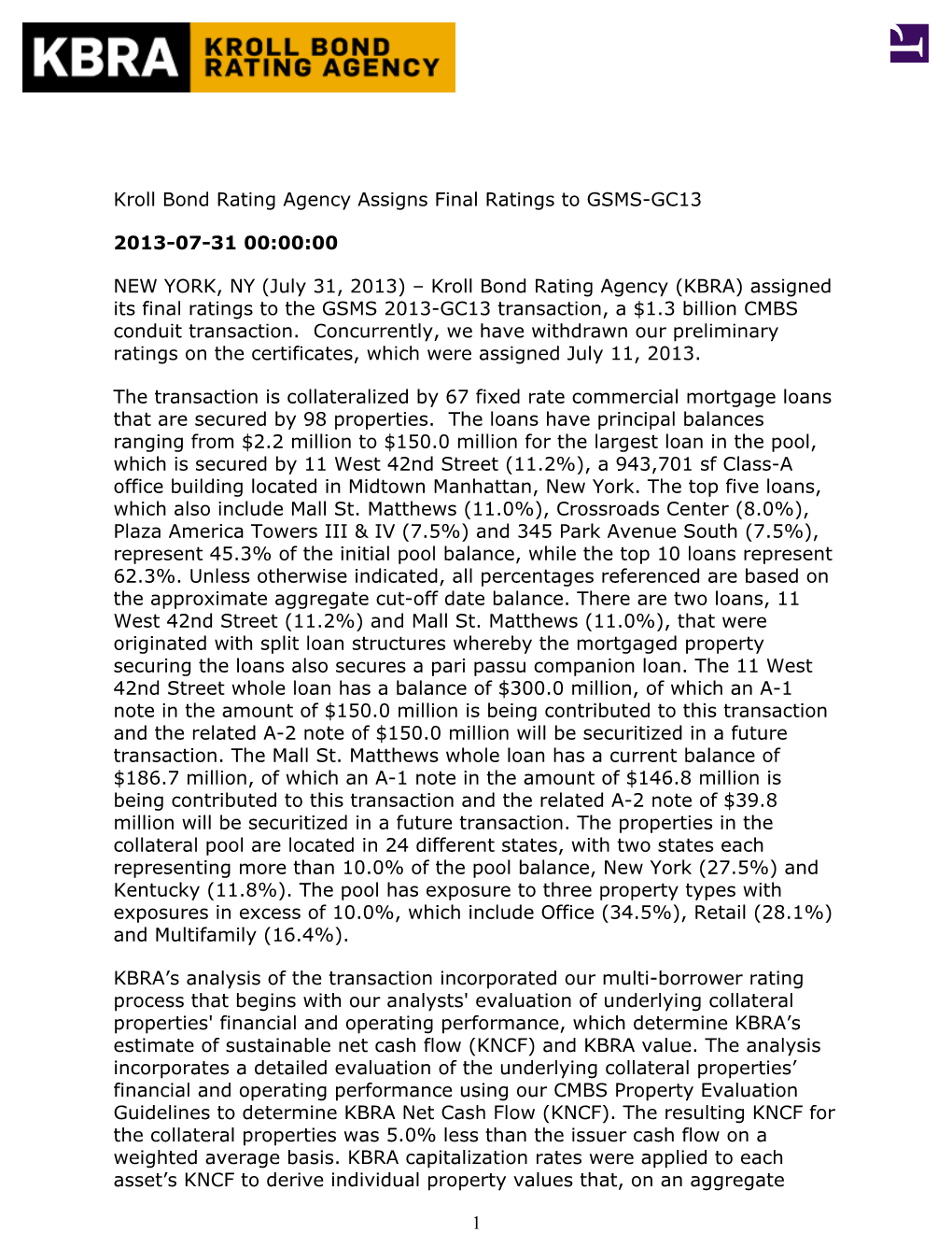 Kroll Bond Rating Agency Assigns Final Ratings to GSMS-GC13 2013