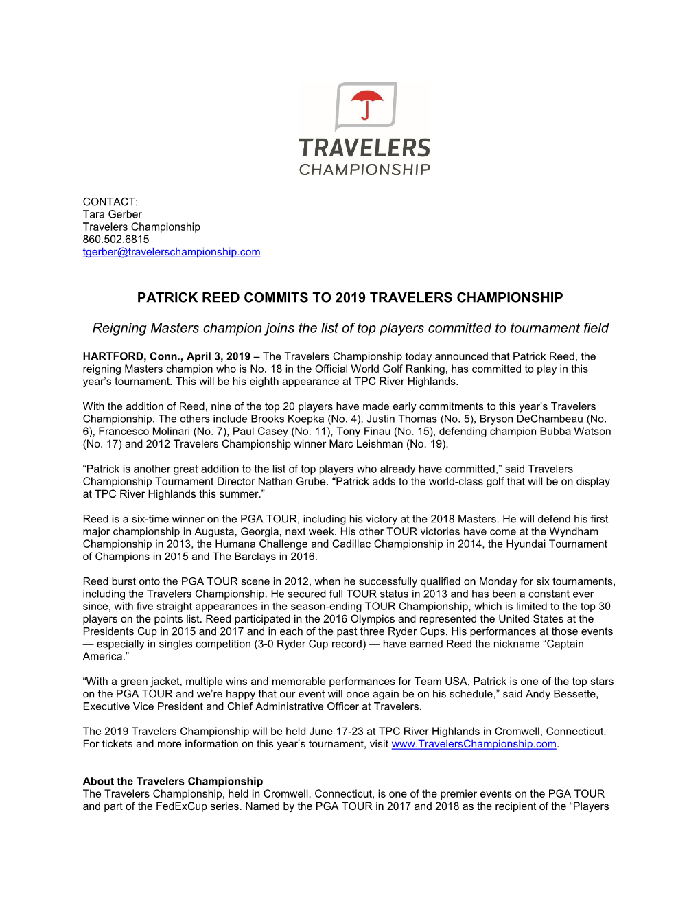 Patrick Reed Commits to 2019 Travelers Championship