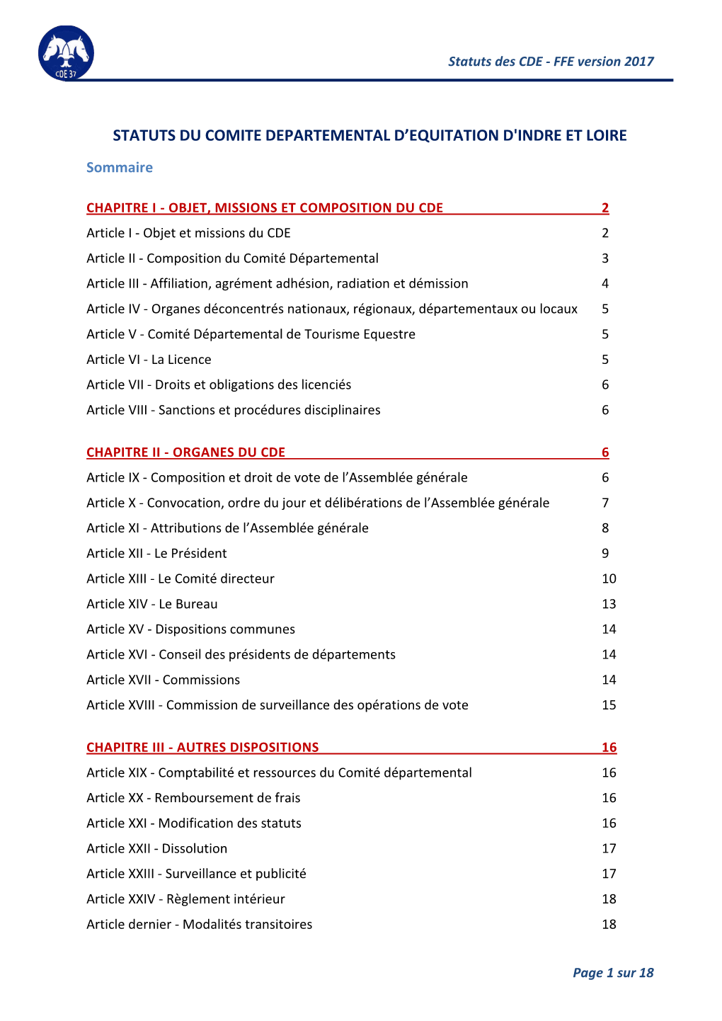 Statuts Du Comite Departemental D'equitation