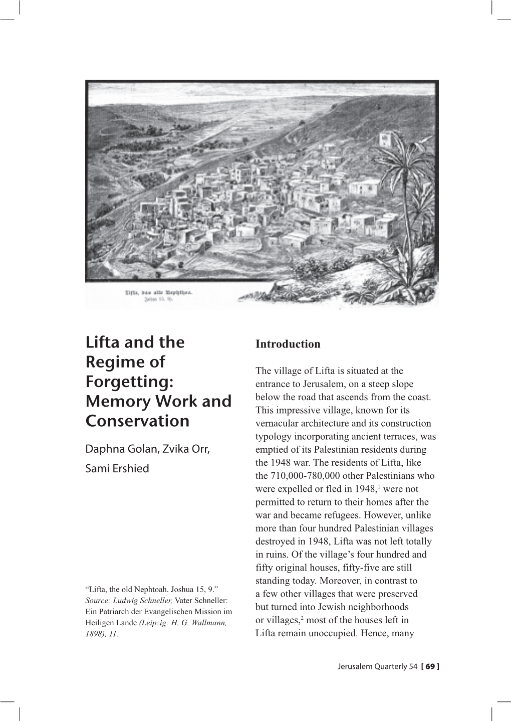 Lifta and the Regime of Forgetting: Memory Work and Conservation View of Lifta