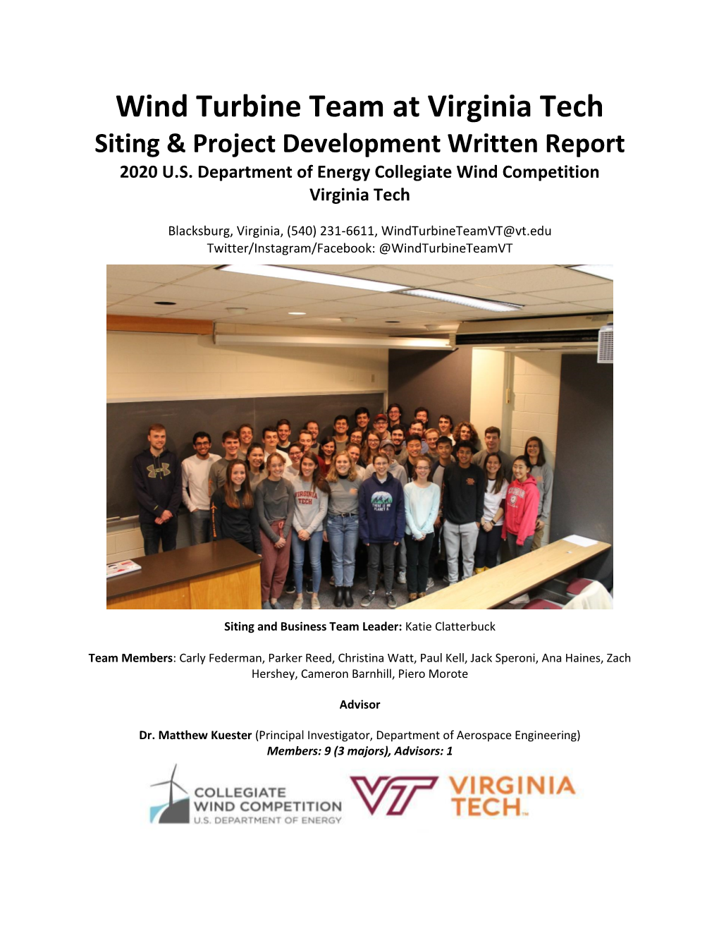 Wind Turbine Team at Virginia Tech Siting & Project Development Written Report 2020 U.S