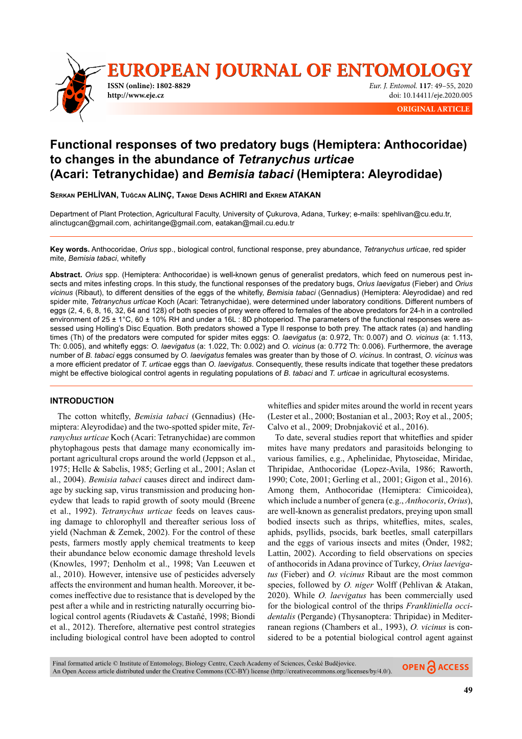 Hemiptera: Anthocoridae) to Changes in the Abundance of Tetranychus Urticae (Acari: Tetranychidae) and Bemisia Tabaci (Hemiptera: Aleyrodidae)