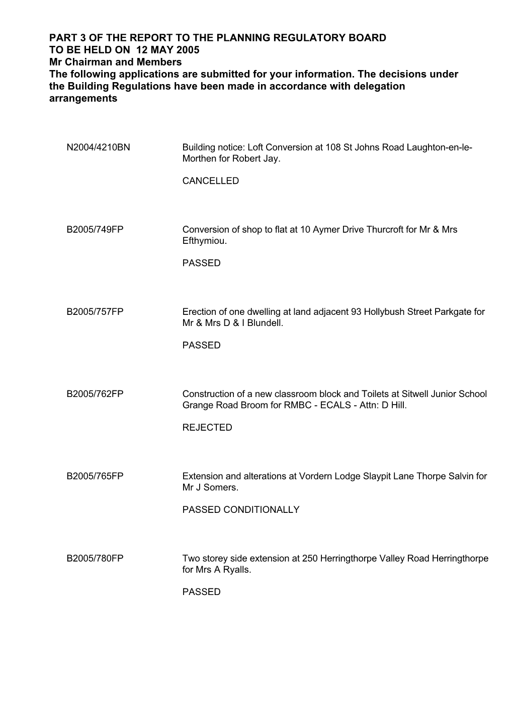 PART 3 of the REPORT to the PLANNING REGULATORY BOARD to BE HELD on 12 MAY 2005 Mr Chairman and Members the Following Applications Are Submitted for Your Information
