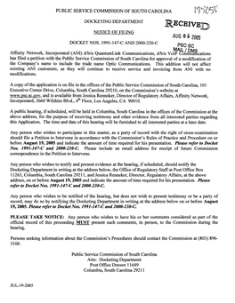 R~Csrva~ NOTICE of FILING AIJ6AUG 0 5 2005Pog5 DOCKET NOS