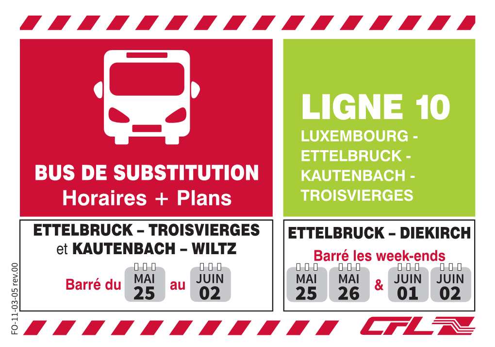 LIGNE 10 LUXEMBOURG - ETTELBRUCK - BUS DE SUBSTITUTION KAUTENBACH - Horaires + Plans TROISVIERGES