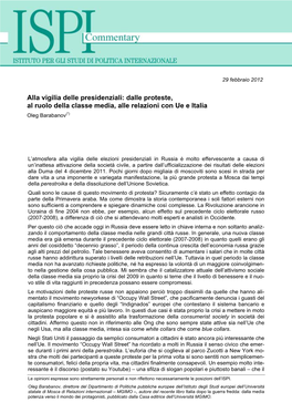 Alla Vigilia Delle Presidenziali: Dalle Proteste, Al Ruolo Della Classe Media, Alle Relazioni Con Ue E Italia Oleg Barabanov(*)