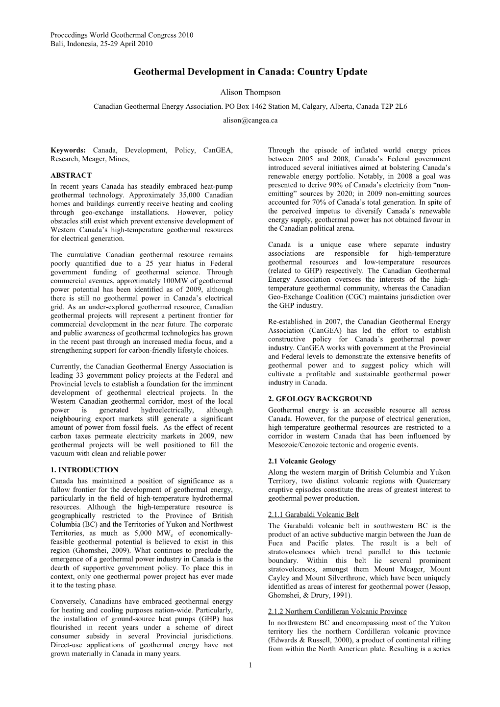 Geothermal Development in Canada: Country Update