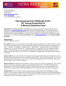 Cast Announced for Pittsburgh CLO's 24 Annual Production of a Musical Christmas Carol