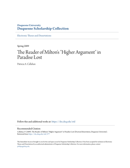 The Reader of Milton's "Higher Argument" in Paradise Lost Patricia A
