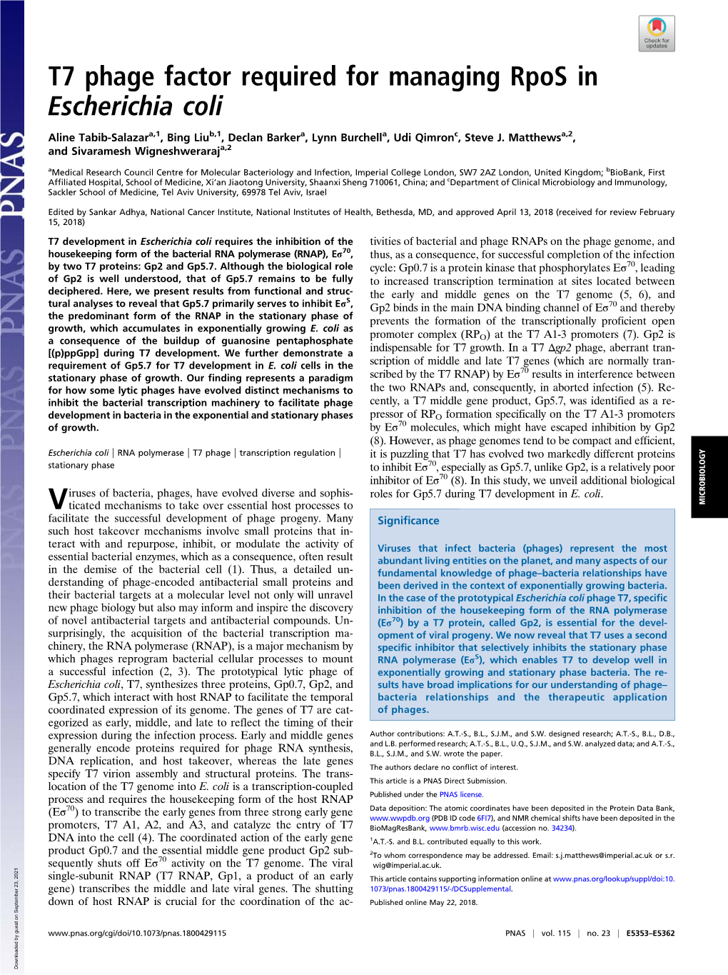 T7 Phage Factor Required for Managing Rpos in Escherichia Coli