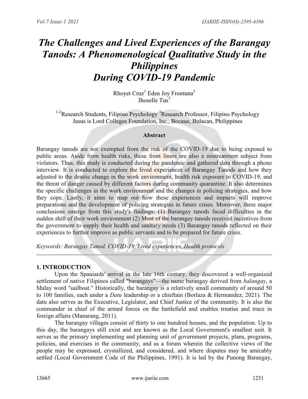 The Challenges and Lived Experiences of the Barangay Tanods: a Phenomenological Qualitative Study in the Philippines During COVID-19 Pandemic