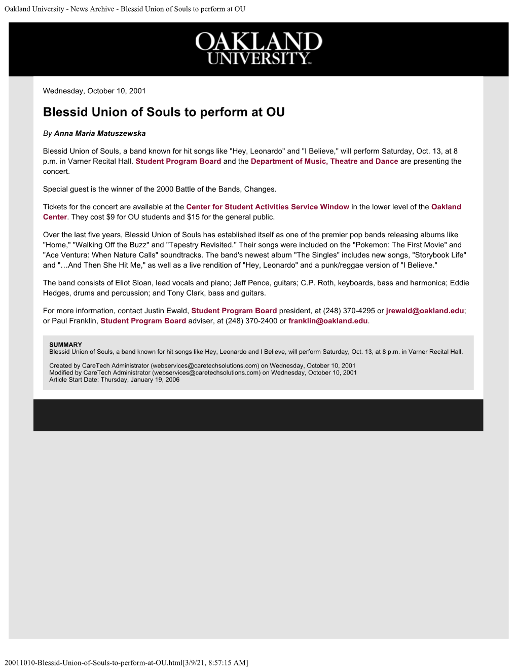 News Archive - Blessid Union of Souls to Perform at OU