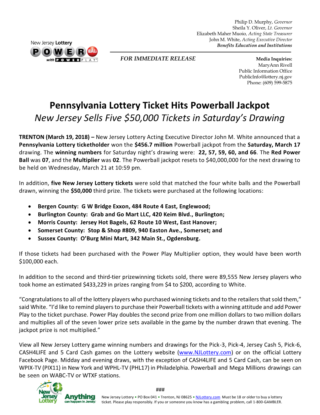 Pennsylvania Lottery Ticket Hits Powerball Jackpot New Jersey Sells Five $50000 Tickets in Saturday's Drawing