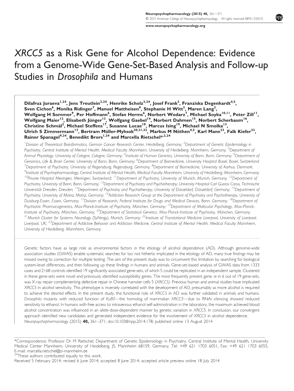 XRCC5 As a Risk Gene for Alcohol Dependence: Evidence from a Genome-Wide Gene-Set-Based Analysis and Follow-Up Studies in Drosophila and Humans