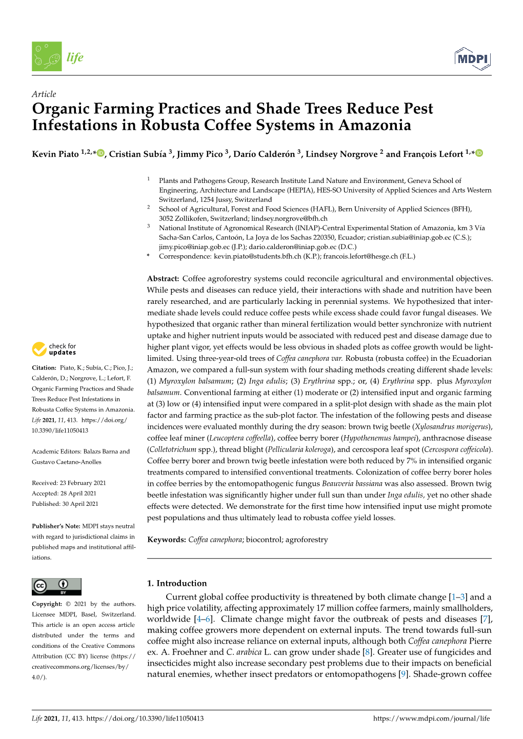 Organic Farming Practices and Shade Trees Reduce Pest Infestations in Robusta Coffee Systems in Amazonia