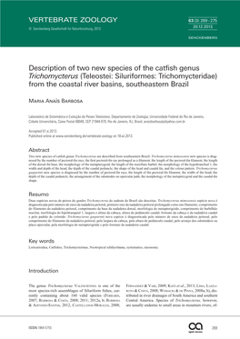 Description of Two New Species of the Catfish Genus Trichomycterus (Teleostei: Siluriformes: Trichomycteridae) from the Coastal River Basins, Southeastern Brazil