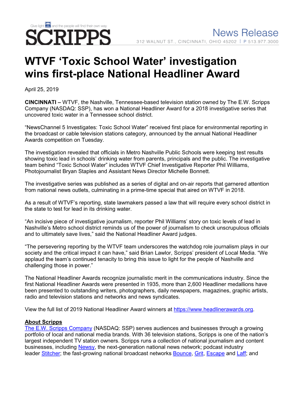 WTVF ‘Toxic School Water’ Investigation Wins First-Place National Headliner Award