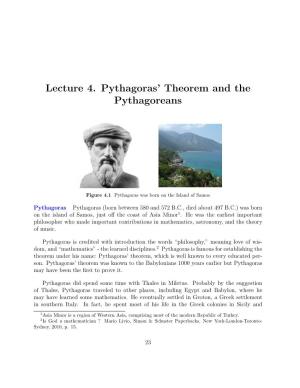 Lecture 4. Pythagoras' Theorem and the Pythagoreans