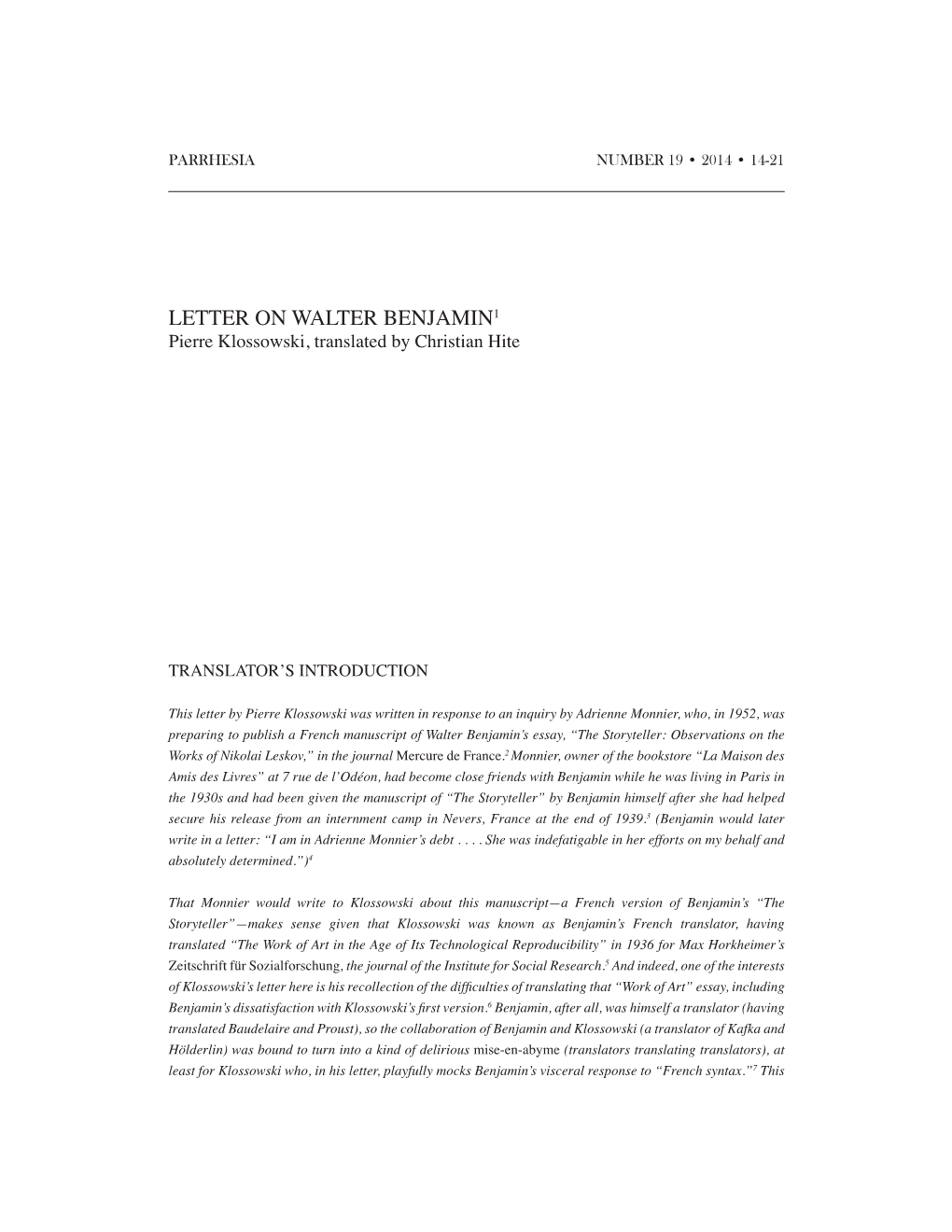 LETTER on WALTER BENJAMIN1 Pierre Klossowski, Translated by Christian Hite