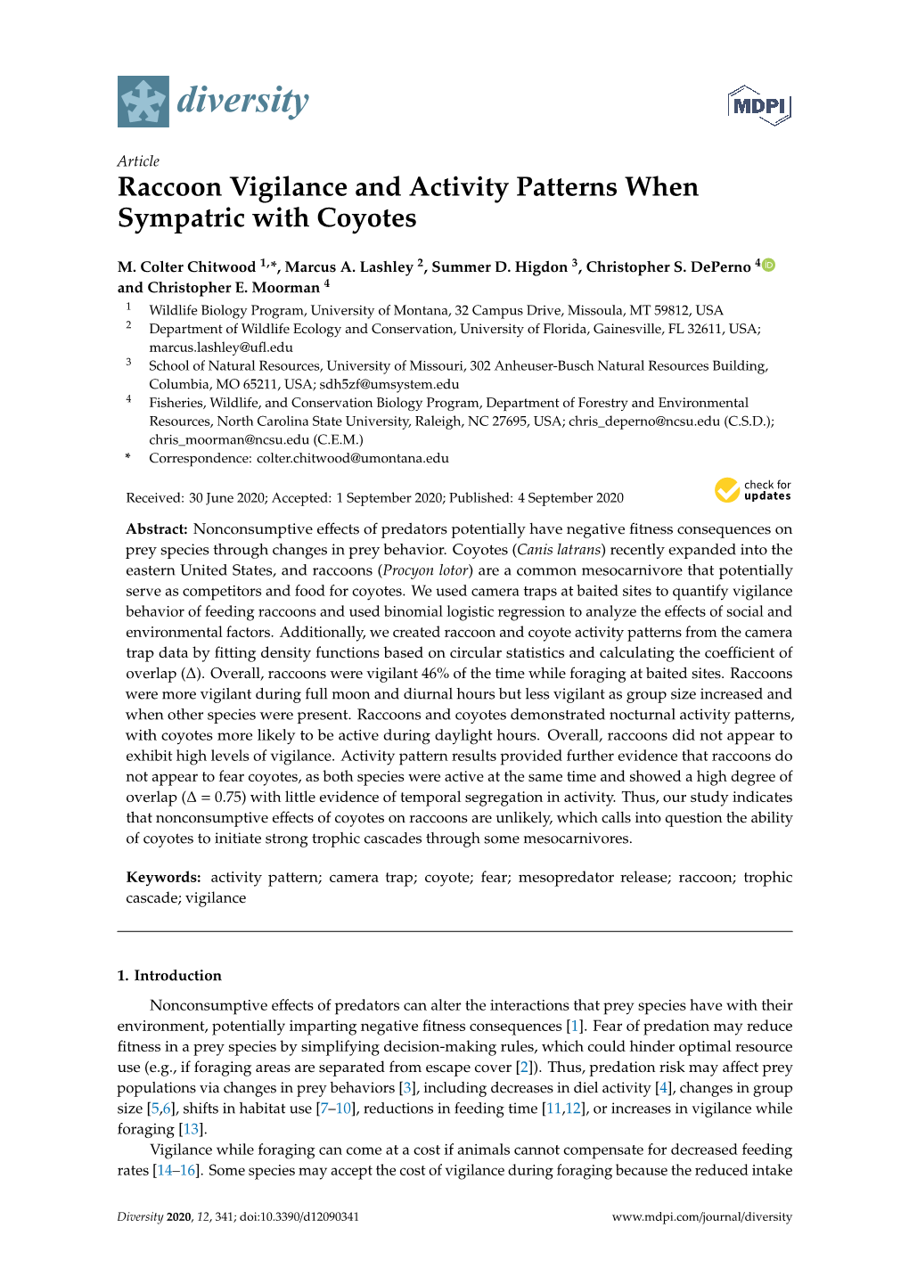 Raccoon Vigilance and Activity Patterns When Sympatric with Coyotes