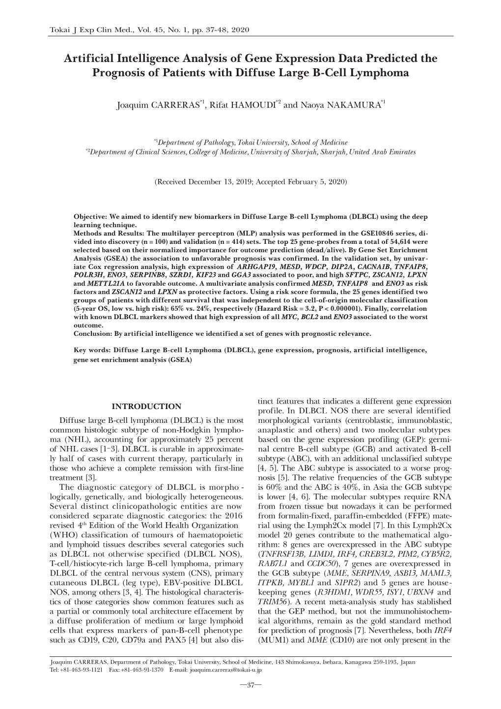 Artificial Intelligence Analysis of Gene Expression Data Predicted the Prognosis of Patients with Diffuse Large B-Cell Lymphoma