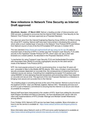 New Milestone in Network Time Security As Internet Draft Approved