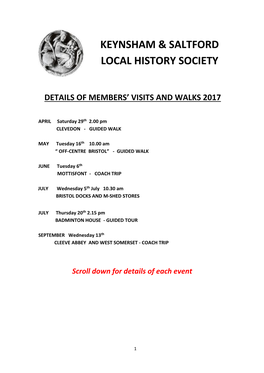 Keynsham & Saltford Local History Society Details of Members' Visits