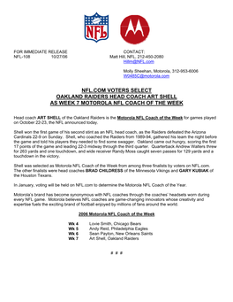 Nfl.Com Voters Select Oakland Raiders Head Coach Art Shell As Week 7 Motorola Nfl Coach of the Week