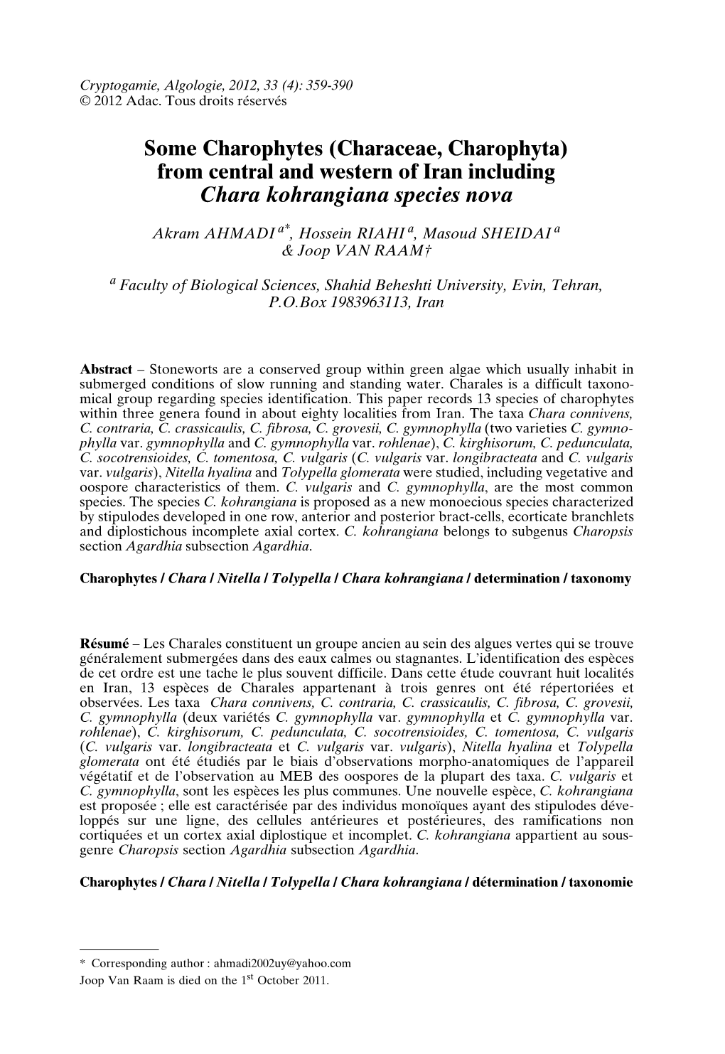 From Central and Western of Iran Including Chara Kohrangiana Species Nova