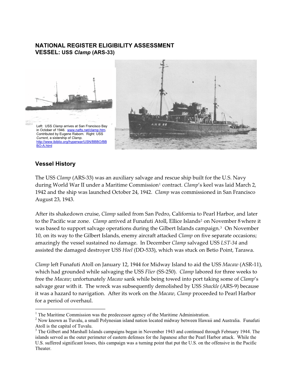 NATIONAL REGISTER ELIGIBILITY ASSESSMENT VESSEL: USS Clamp (ARS-33)