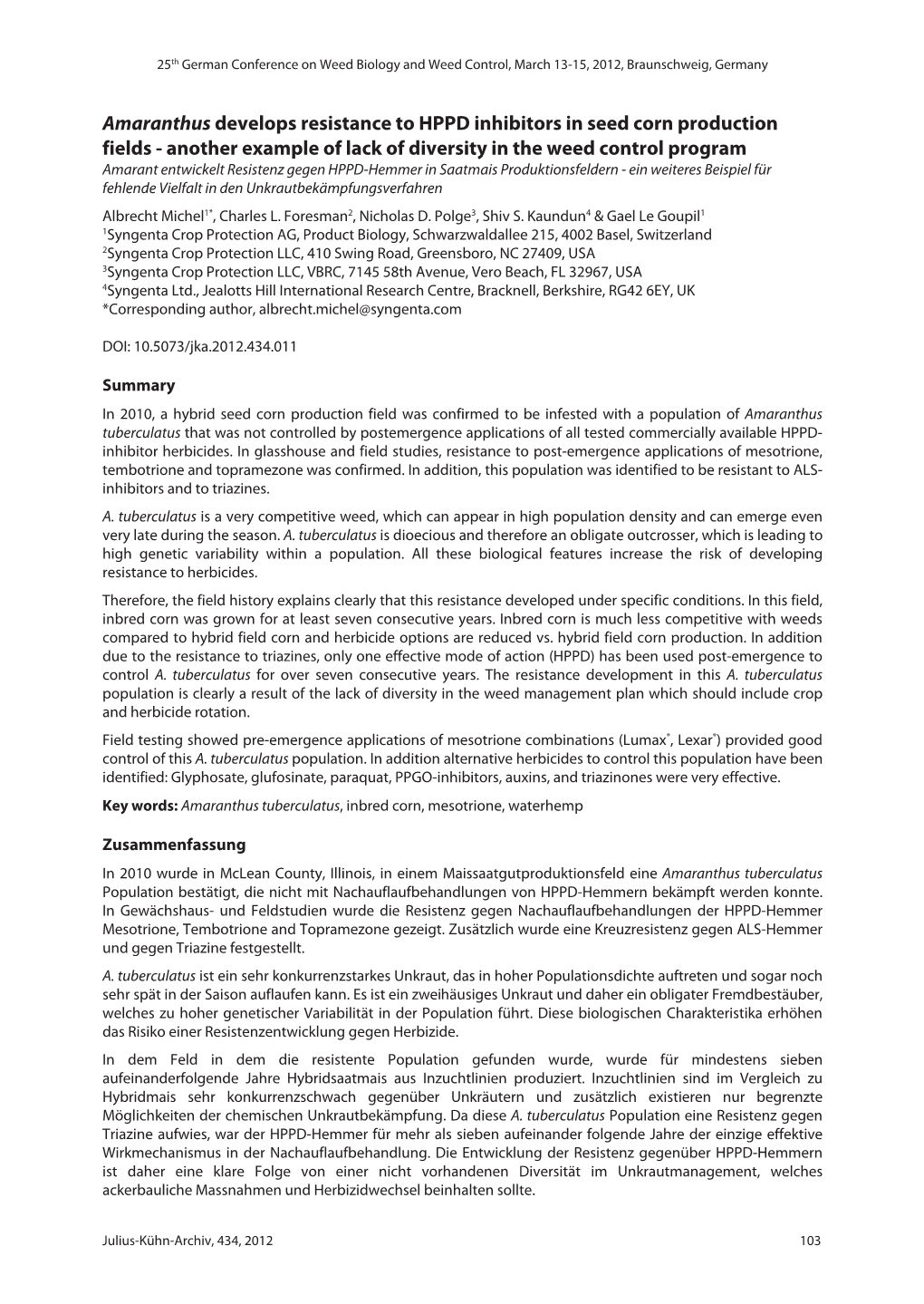 Amaranthus Develops Resistance to HPPD Inhibitors in Seed Corn