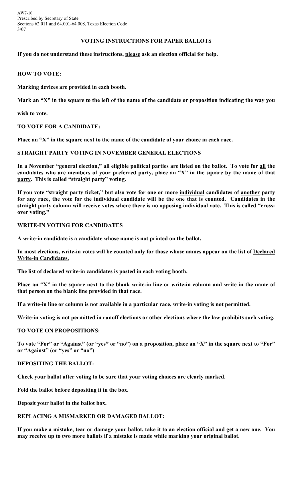 Voting Instructions for Paper Ballots