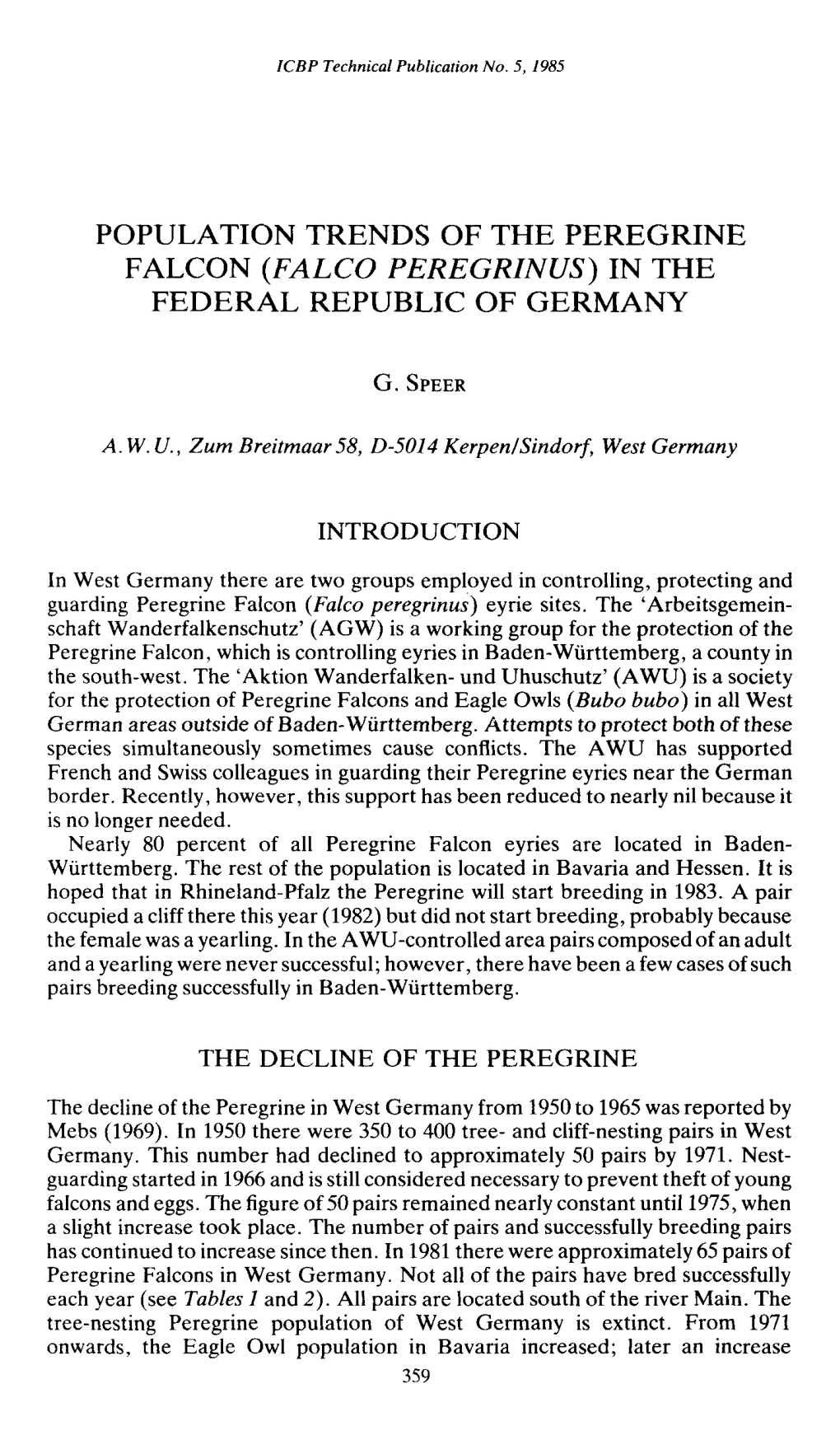 Population Trends of the Peregrine Falcon {Falco Peregrinus ) in the Federal Republic of Germany