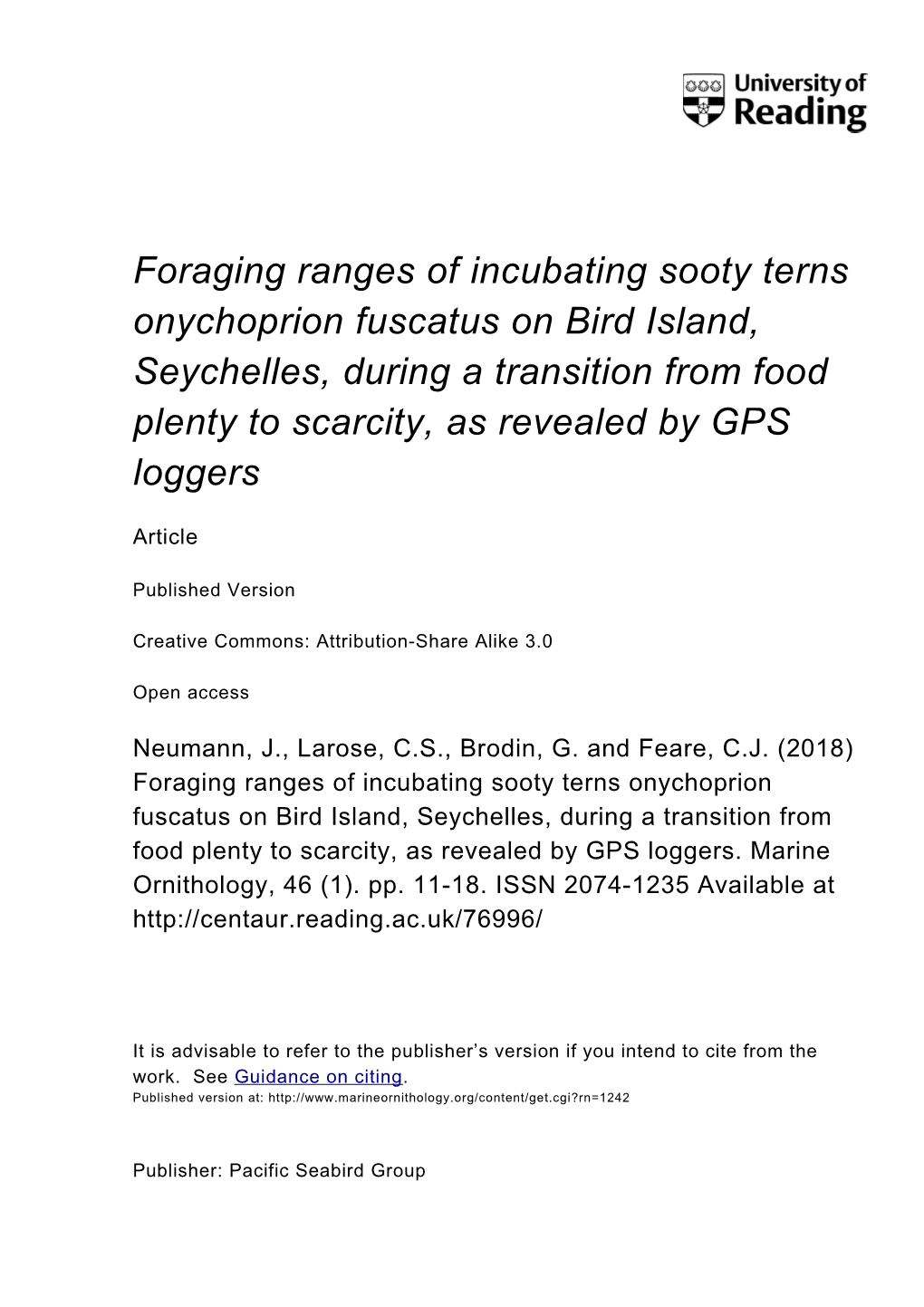 Foraging Ranges of Incubating Sooty Terns Onychoprion Fuscatus on Bird