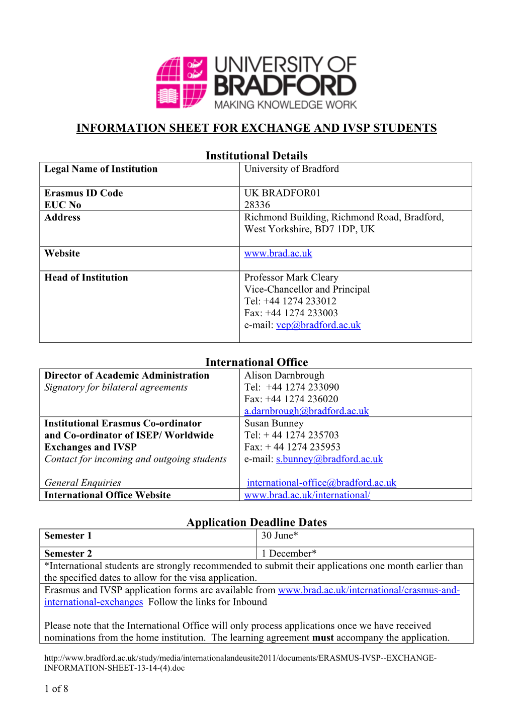 Information Sheet for Exchange and Ivsp Students