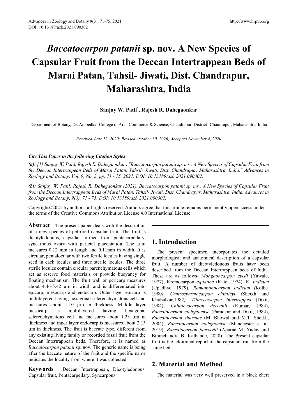 Baccatocarpon Patanii Sp. Nov. a New Species of Capsular Fruit from the Deccan Intertrappean Beds of Marai Patan, Tahsil- Jiwati, Dist