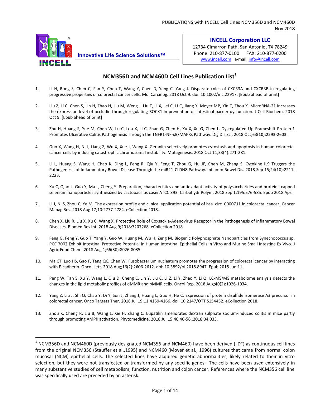 NCM356D and NCM460D Cell Lines Publication List1 INCELL