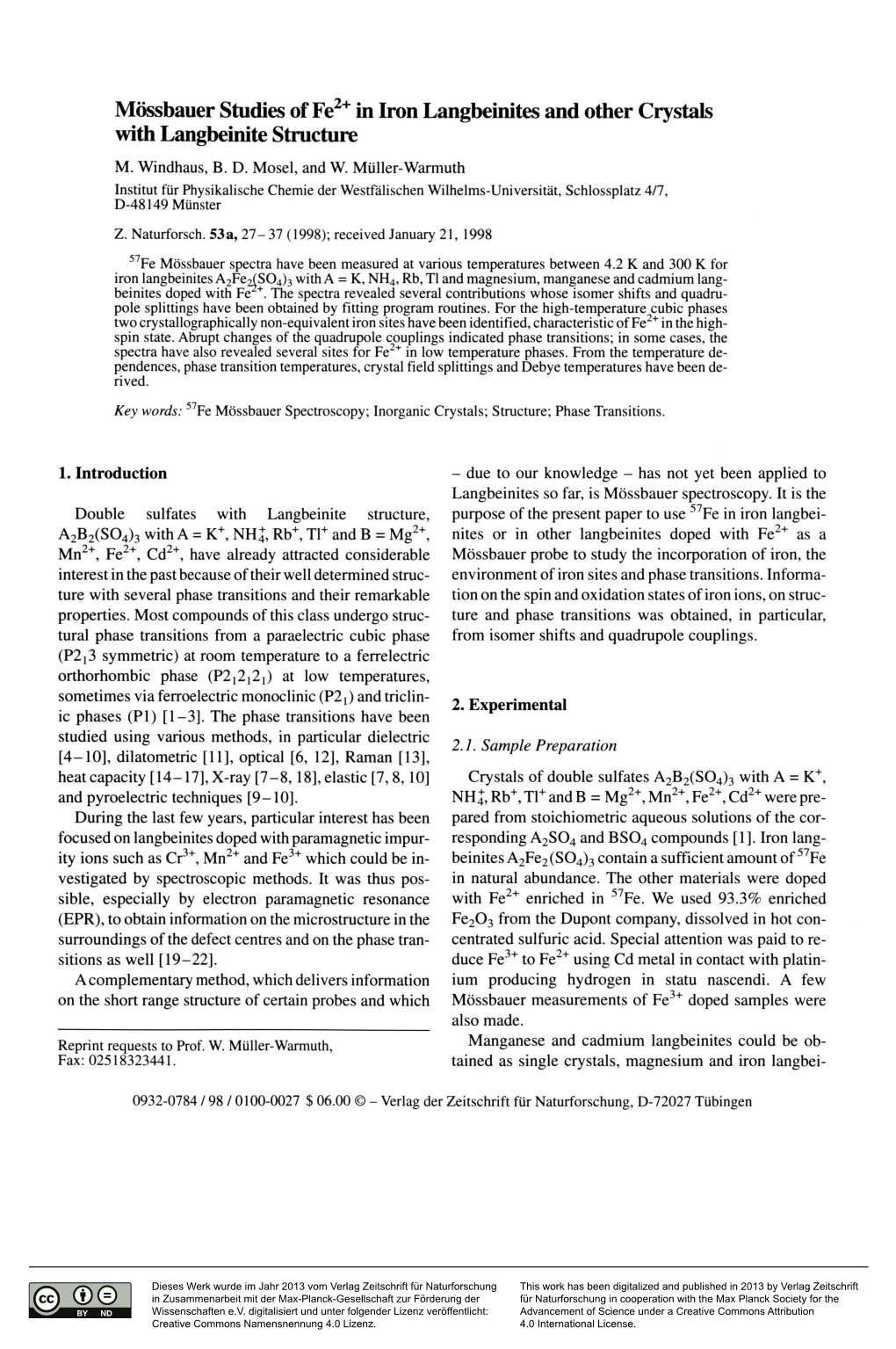 Mössbauer Studies of Fe2+ in Iron Langbeinites and Other Crystals with Langbeinite Structure M