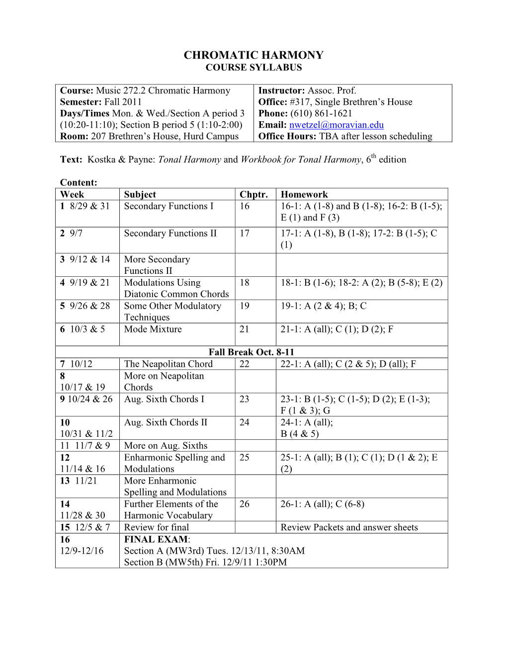 Chromatic Harmony Course Syllabus