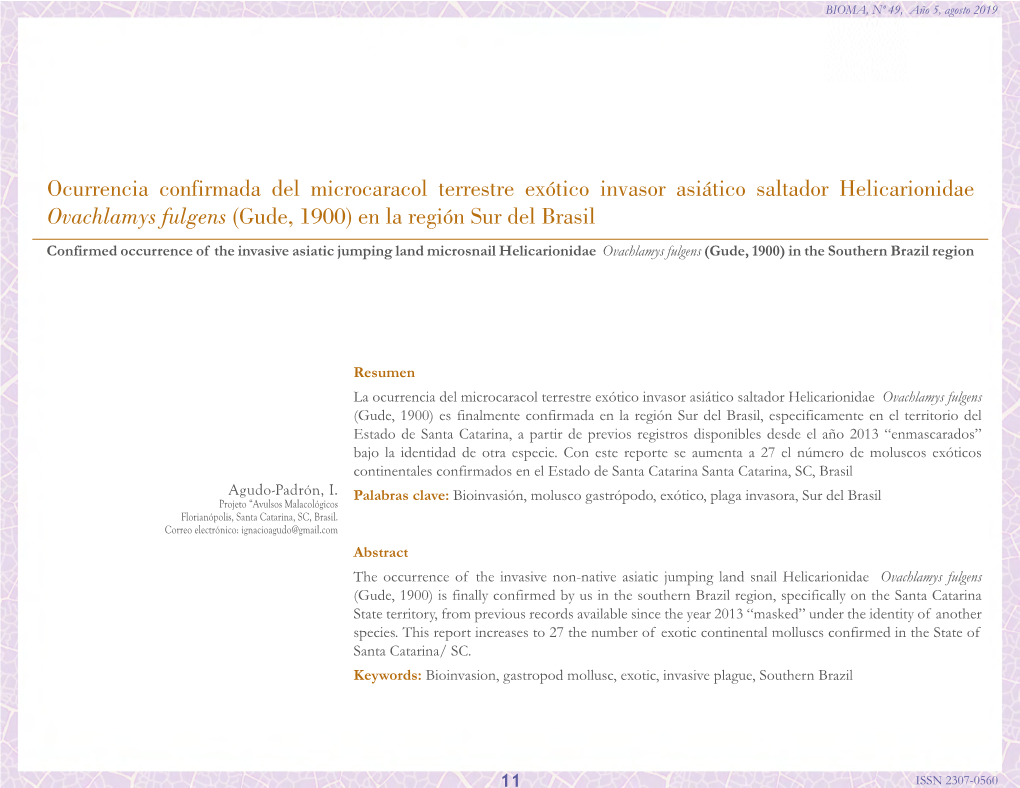 Ocurrencia Confirmada Del Microcaracol Terrestre Exótico Invasor Asiático Saltador Helicarionidae Ovachlamys Fulgens (Gude, 1900) En La Región Sur Del Brasil