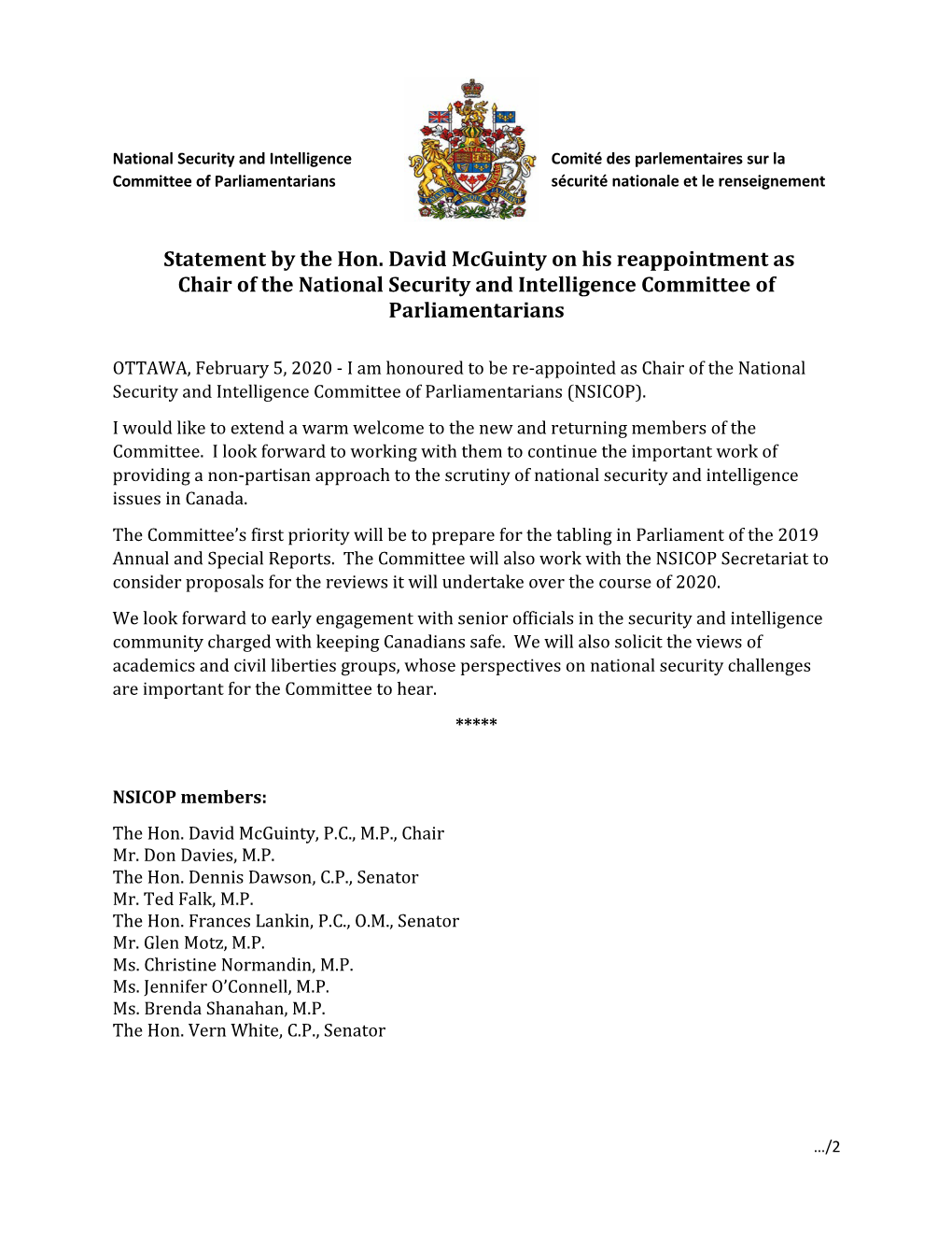 Statement by the Hon. David Mcguinty on His Reappointment As Chair of the National Security and Intelligence Committee of Parliamentarians