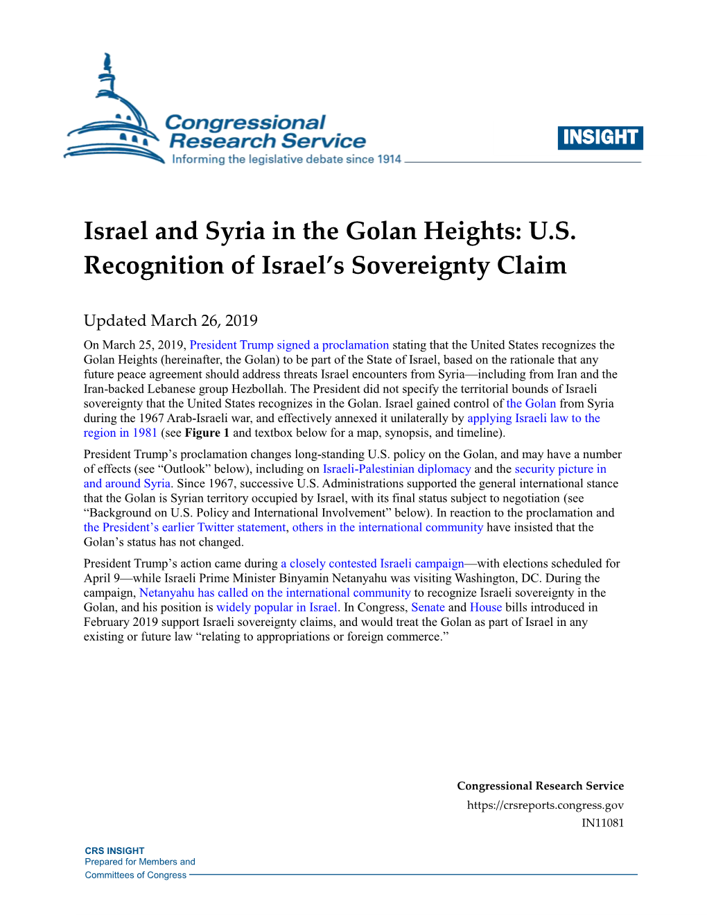 Israel and Syria in the Golan Heights: U.S